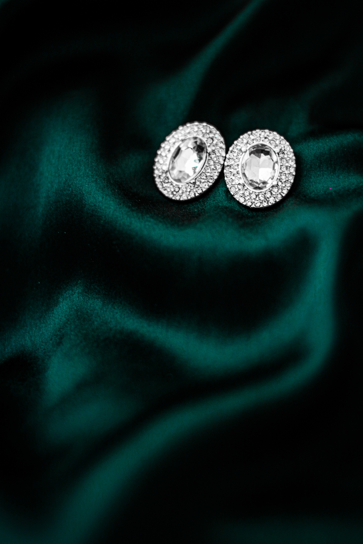 Luxury Diamond Earrings on Dark Emerald Green Silk, Holiday Glamour Jewelery Present